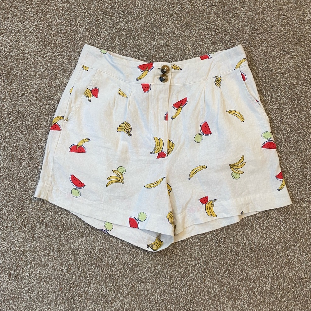 High Waist Fruit Print Linen Shorts